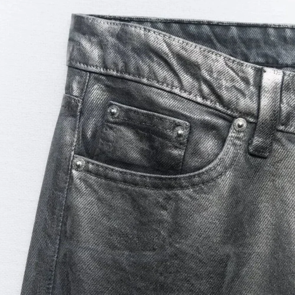 NWT ZARA MID WAIST STRAIGHT LEG FOIL JEANS BLACK - Picture 4 of 6